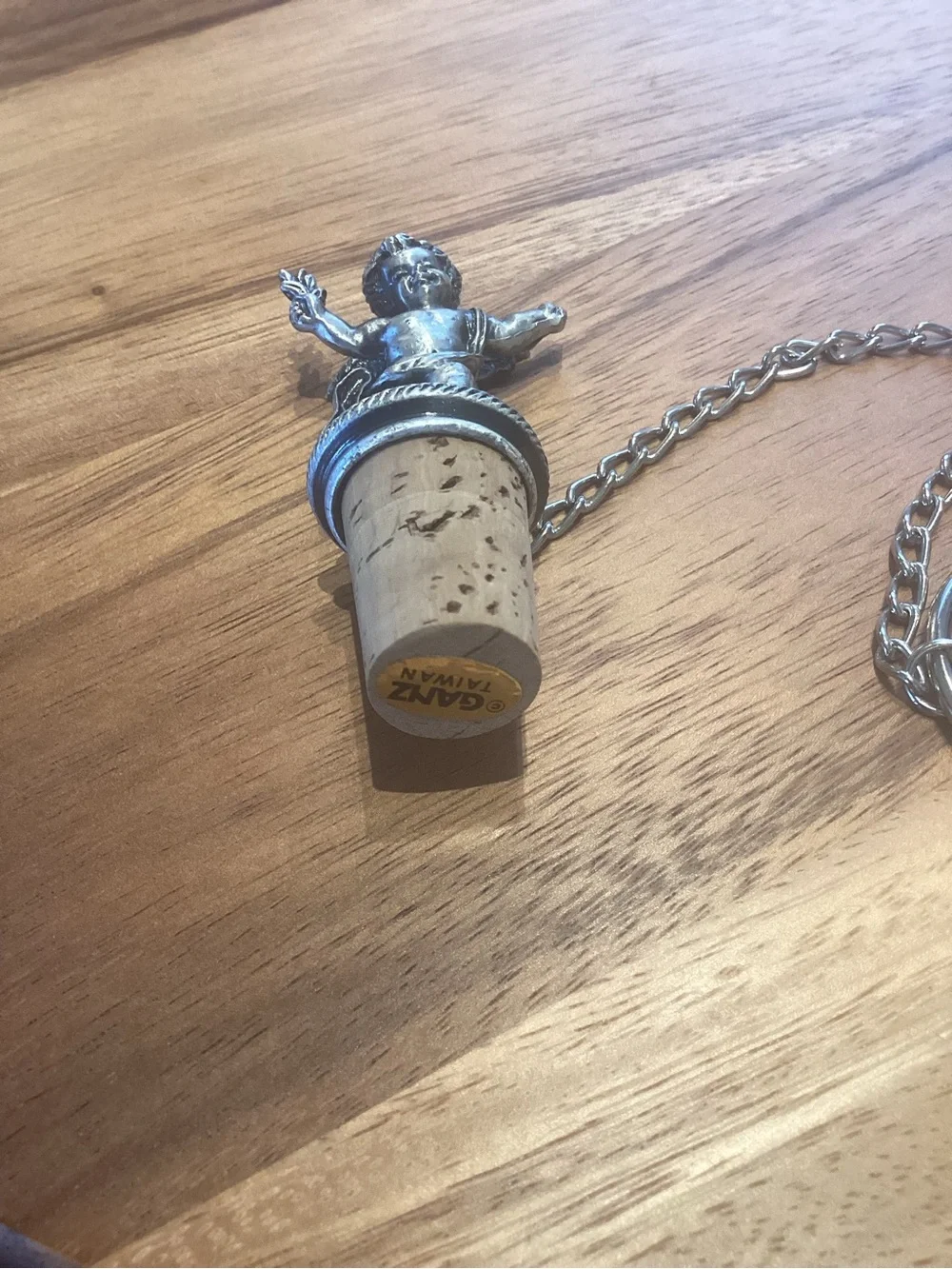 GANZ Silver Cherub Bottle Stopper wine cork with chain. Like new.